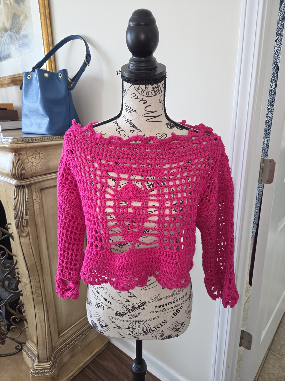 Hand-Crocheted Openwork Women's Sweater - Hot Pink